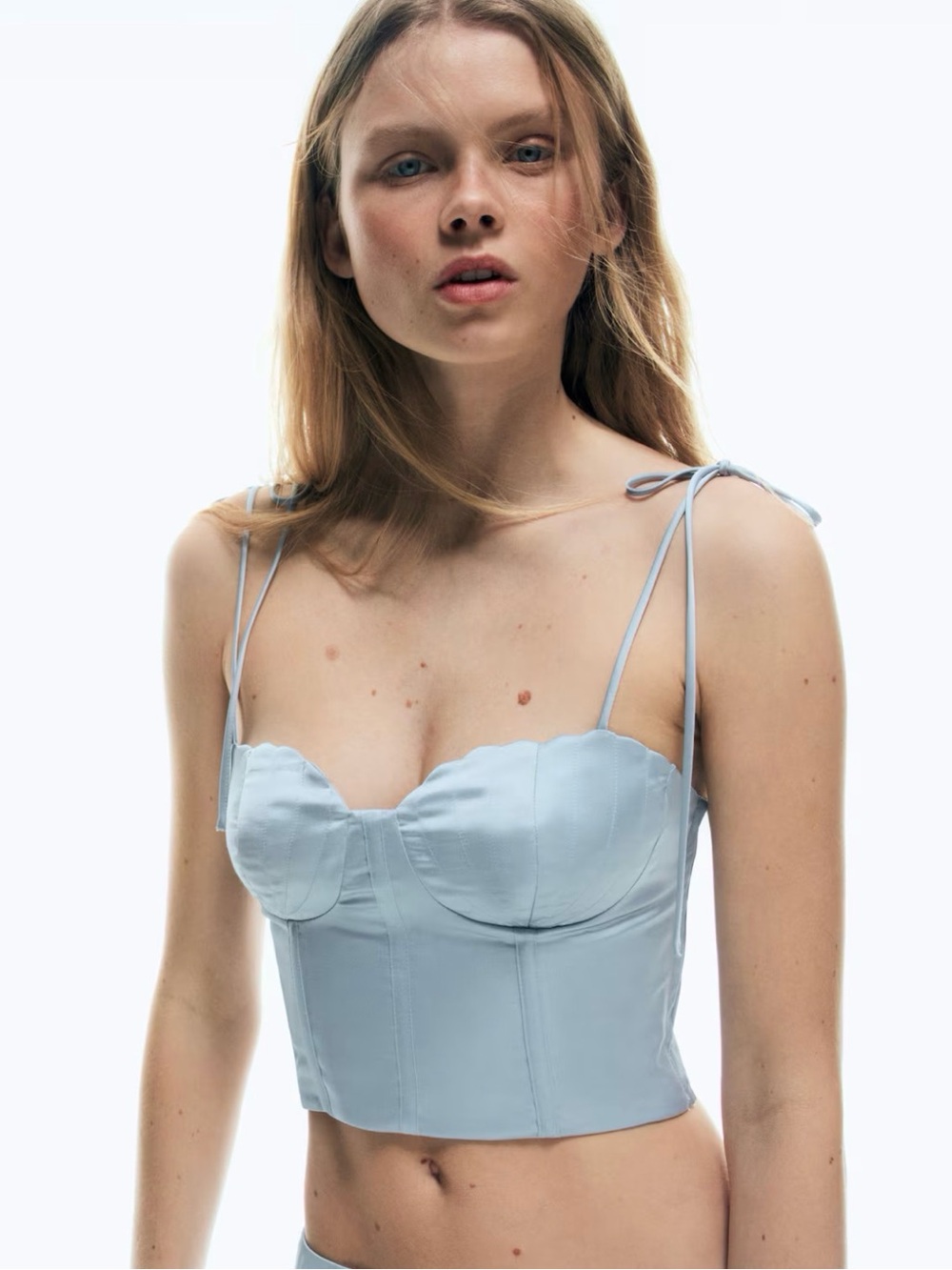 Light Blue Satin Tie-Shoulder Bustier Crop Top